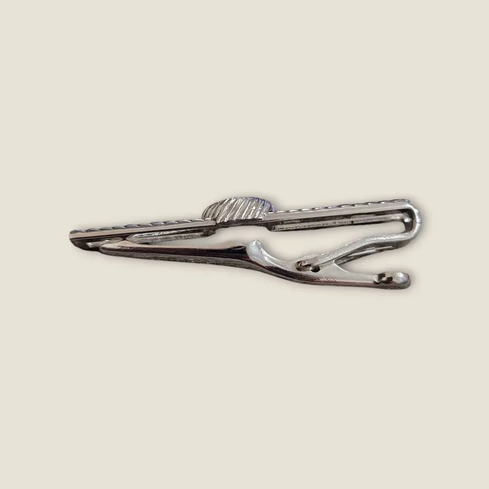 Vintage Estate Swank Silver Tone Tie Clip With Blue Rhinestone Accent